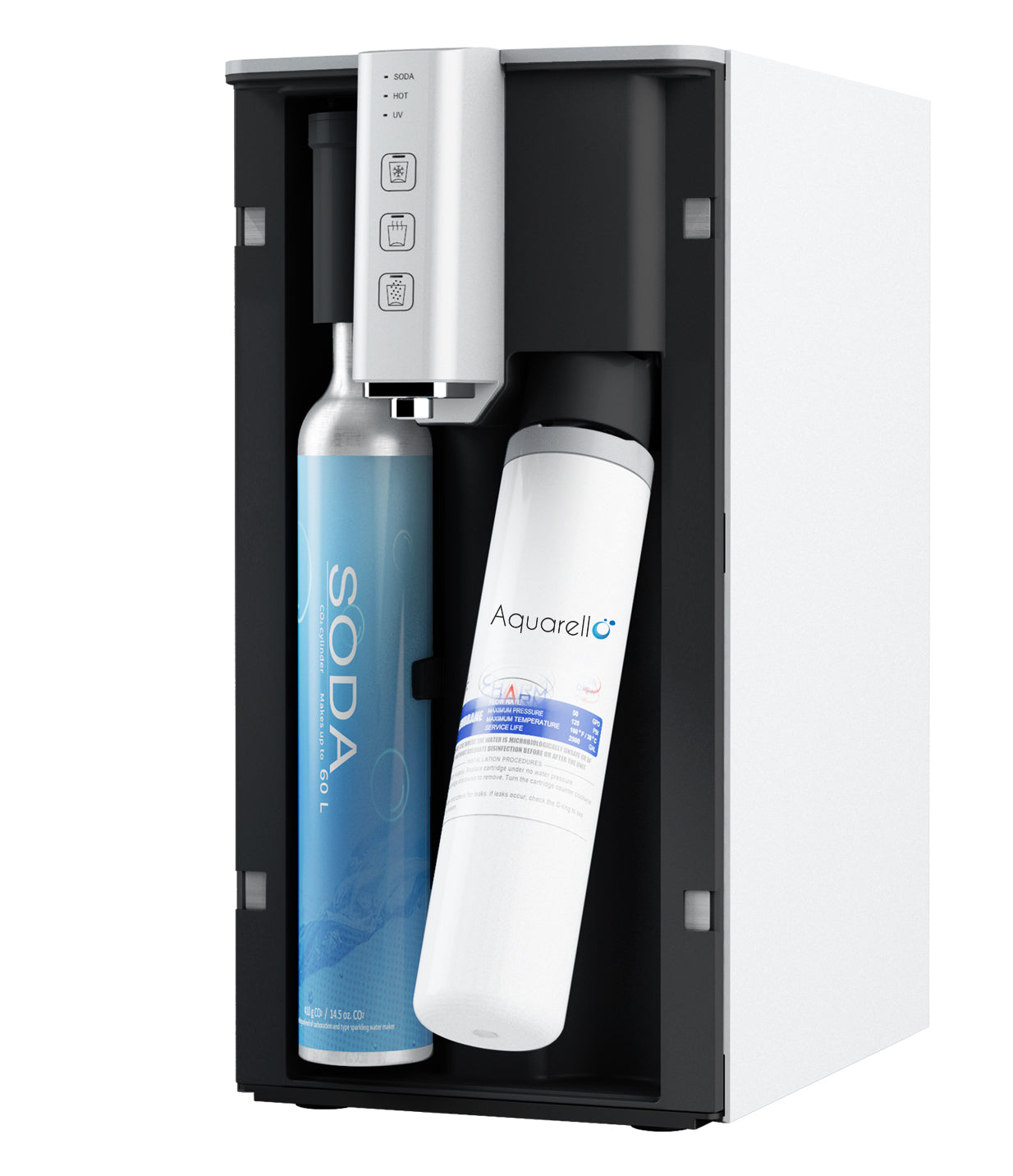 Aquarello WAVE1 – Premium Wasserspender für Zuhause mit integriertem Filter- und UV-System, der heißes, kaltes und sprudelndes Wasser liefert.